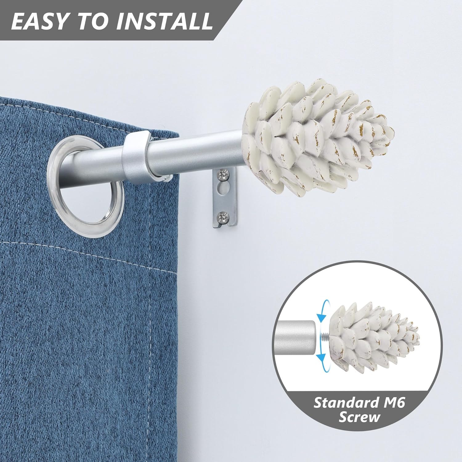 Silver Curtain Rods for Windows 66 to 120 Inches, 1 Inch Diameter Heavy Duty Single Curtain Rod, Adjustable Window Curtain Rod Drapery Rod with Decorative Finials thumbnail