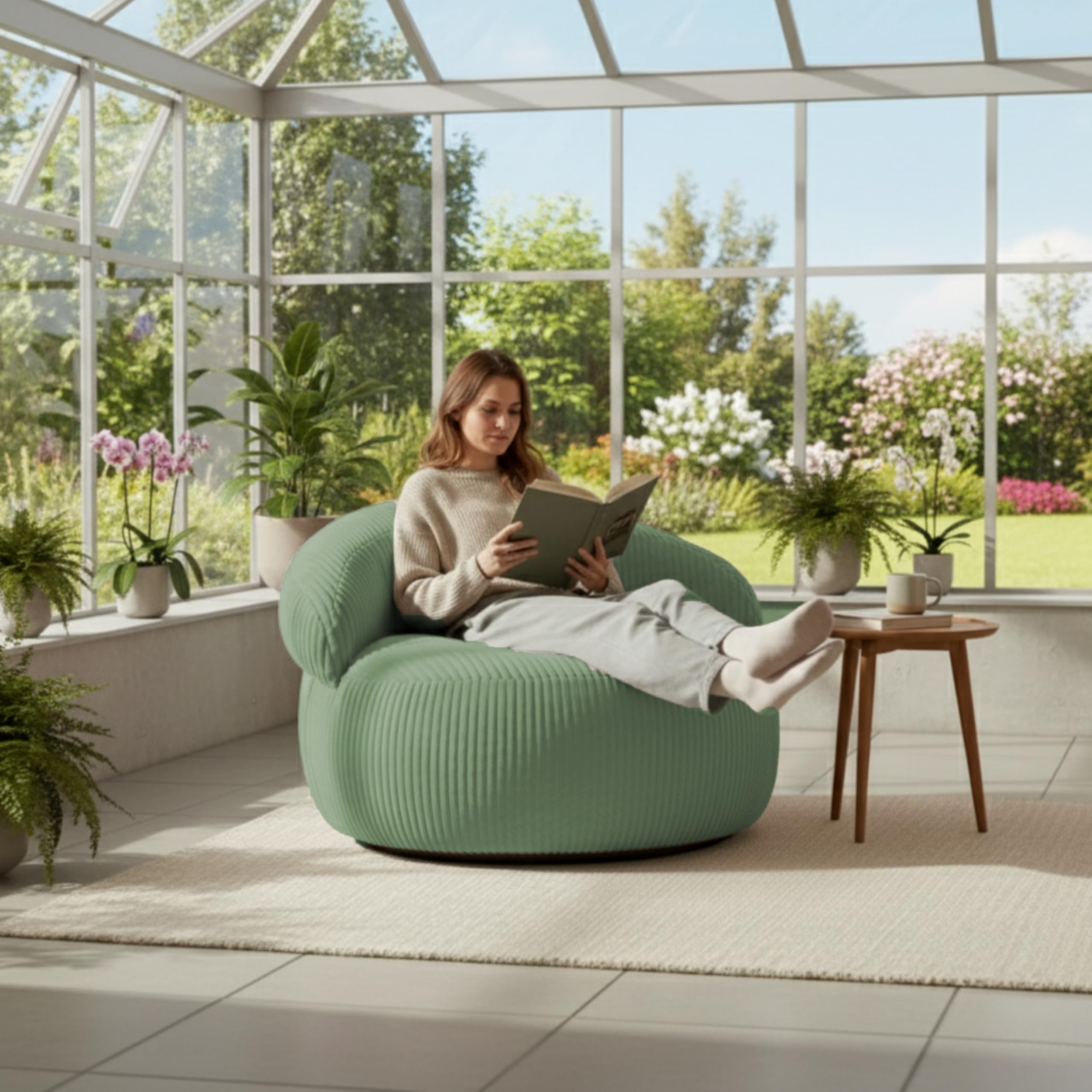 bananair – Pouf Poltrona Soggiorno e Camera in Velluto a Coste - Pouf Gigante XXL Morbido ed Elegante - Rivestimento lavabile in lavatrice - Ideale per Adulti, Adolescenti (110 × 100 cm, Verde)