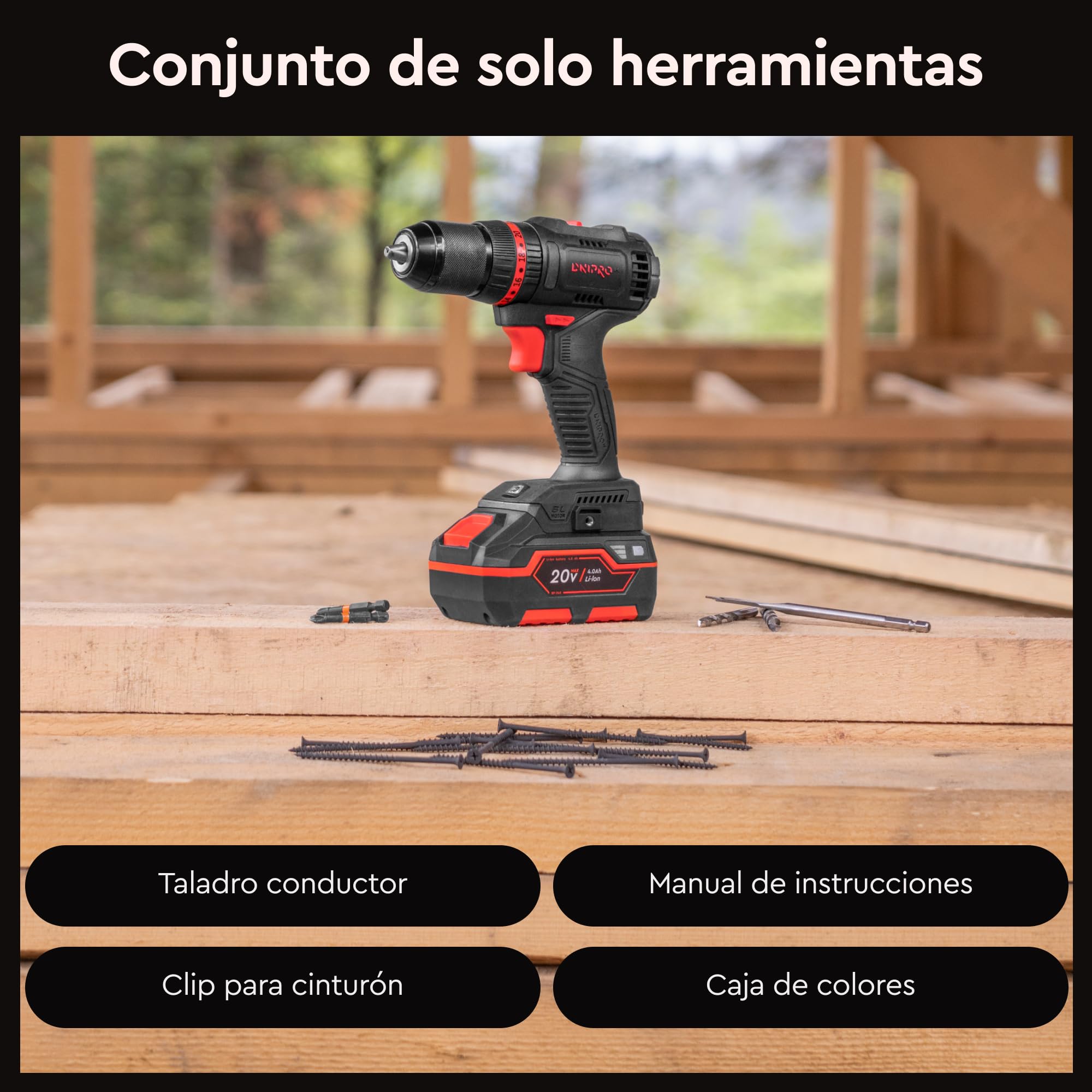 Taladro Atornillador Batería CD-201HBC Compact - Motor Brushless 20V 45Nm con Percutor - Sin Escobillas, 2 Velocidades, 20+3 Posiciones de Par, Portabrocas Metálico 13mm - Solo 0.9 kg | por Dnipro-M