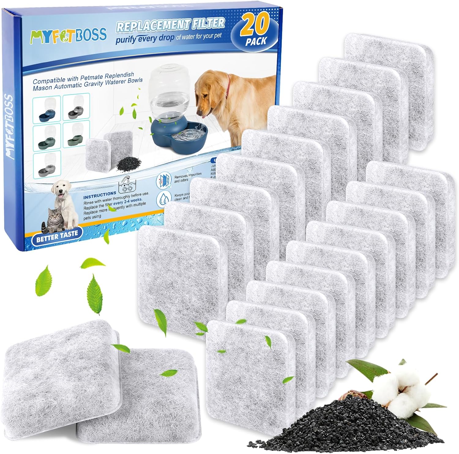 Dog Water Filter Replacement Compatible With Petmate Pet Bowl | 20Pack Dog Water Bowl Dispenser Pet Filters for Water Fountain Fit for Replendish Mason Automatic Gravity Waterer Bowls