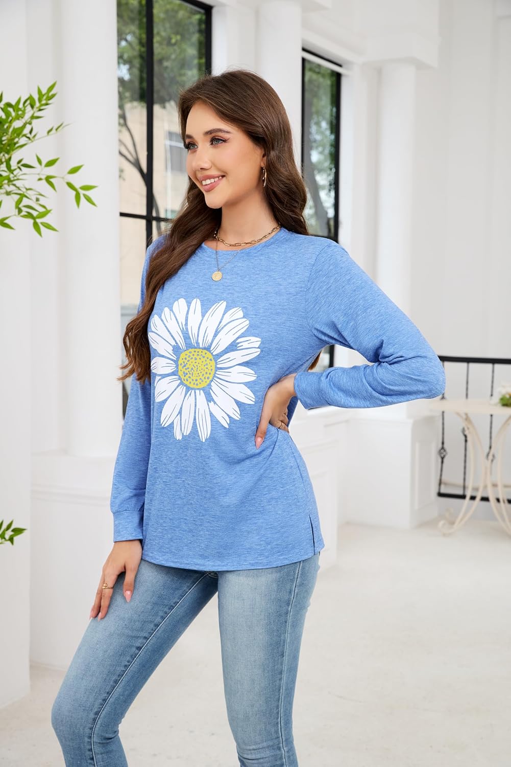 Womens Sunflower Graphic Long Sleeve Casual Cotton Tee Tops Fashion Floral Printed Crewneck Tees Shirt - Image 5