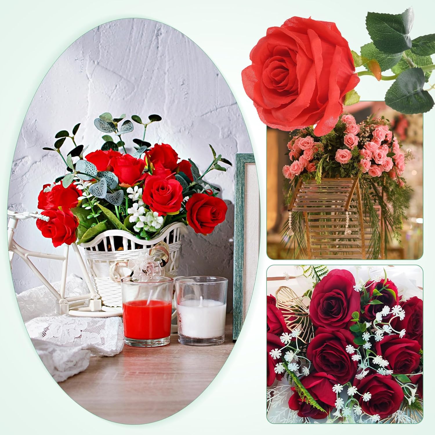 M METERXITY 20-Pack Rose Artificial Flowers with Long Stem, Silk Faux Roses Plastic Bouquets Real Touch Faux Flowers for Home Decor/Wedding/Christmas/DIY/Party/Garden Office [Bright Red]