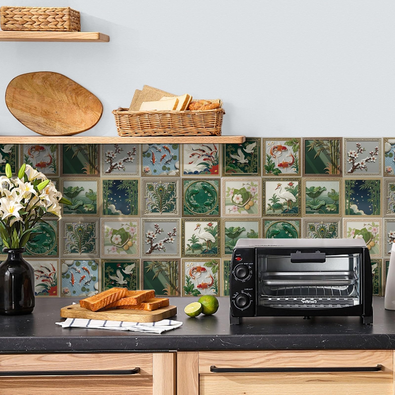 Azulejos Adhesivos Baño 15x15 cm Pescado Chino Verde Vinilo Pared Cocina Pelar Y Pegar Impermeable para Muebles Chimenea Gabinete Baldosas Adhesivas Pared Decorativos 24 Piezas
