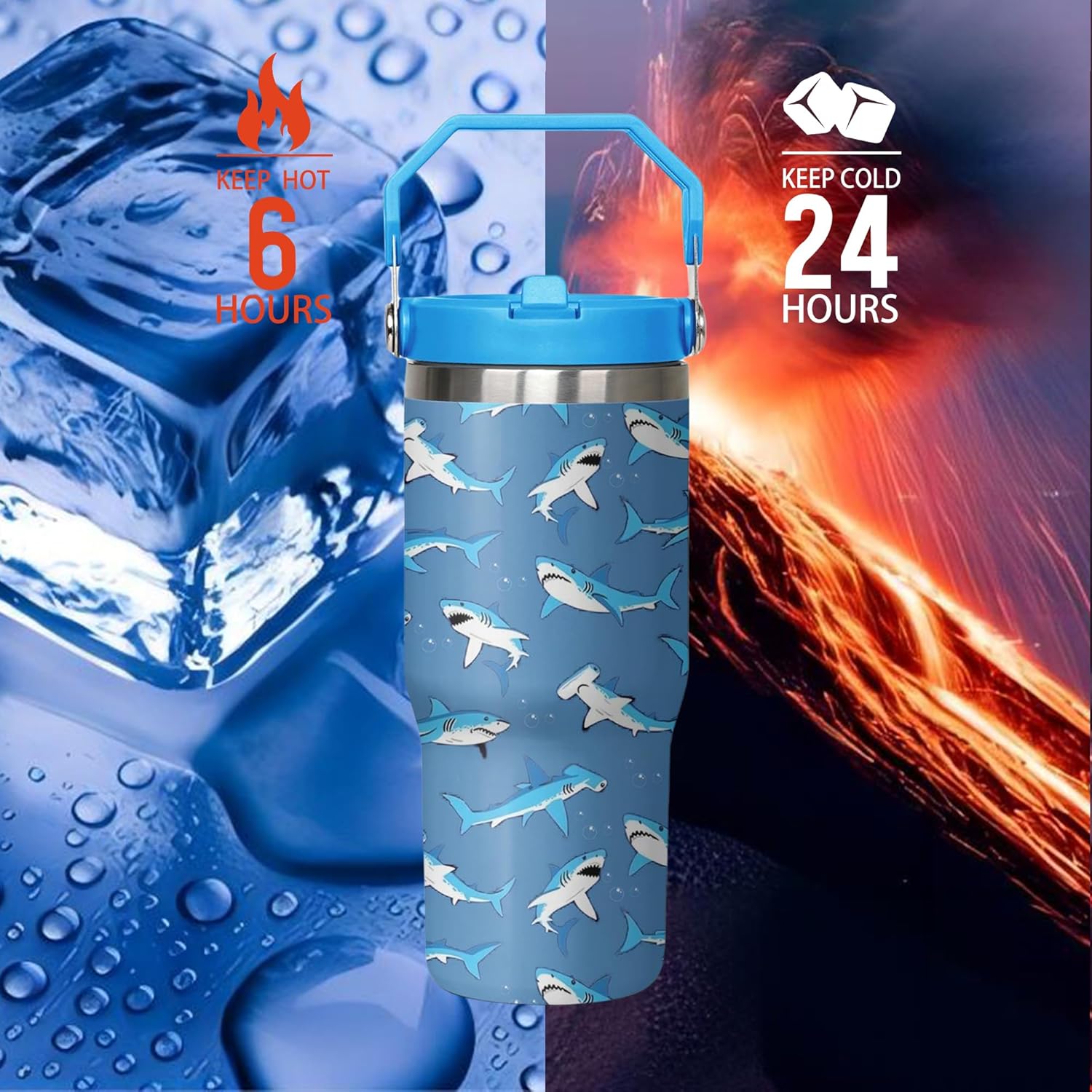 30oz Shark Tumbler with Handle and Flip Straw, Stainless Steel Insulated Cup, Travel Coffee Mug Water Bottle, Birthday Mothers Day Chritmas Gifts for Women Animal Lovers - Image 4