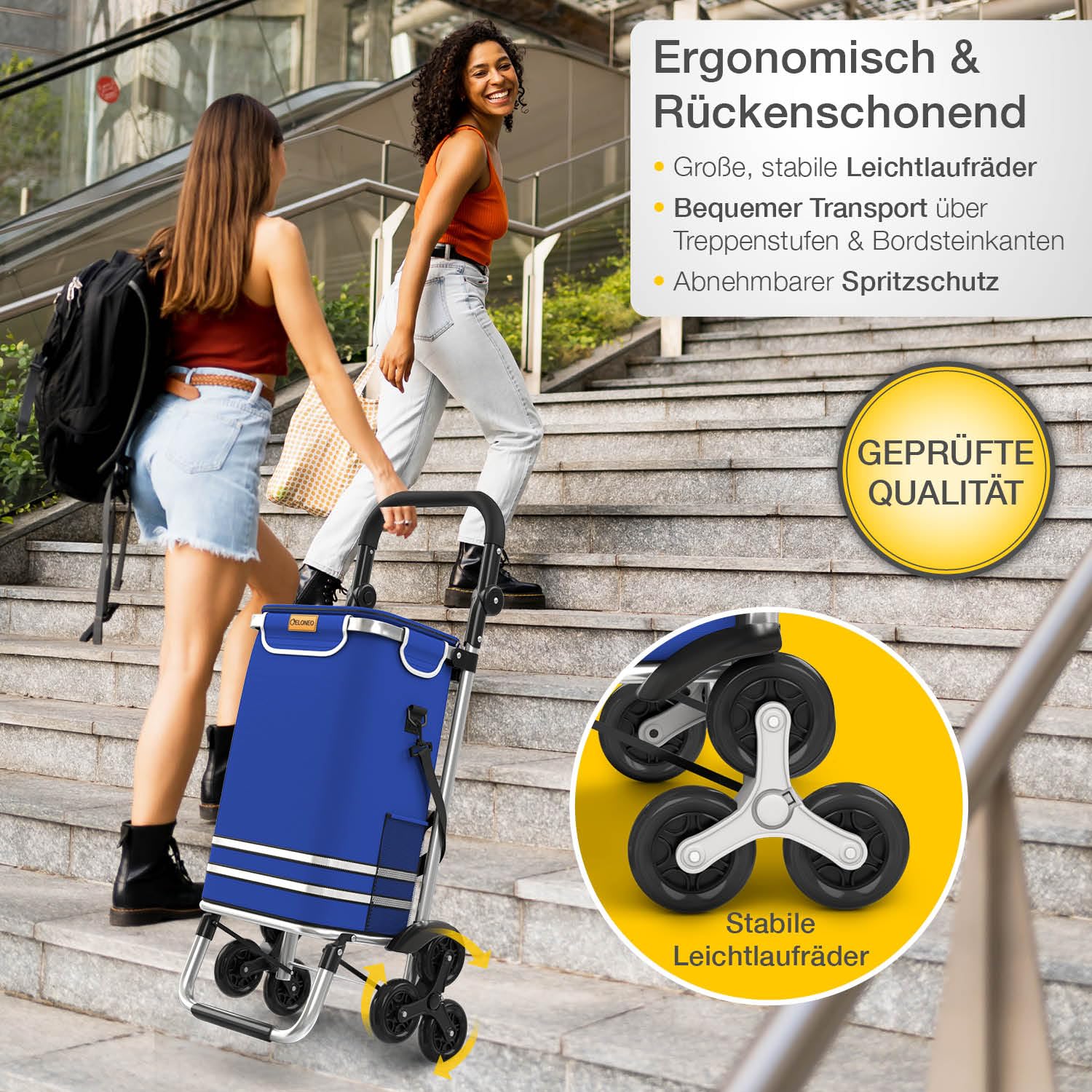 ELONEO Einkaufstrolley Treppensteiger mit Kühlfach, Einkaufsroller klappbar, Shopping Trolley höhenverstellbar, Reflektoren, abnehmbare Tasche 56 L, Hackenporsche (Treppensteiger-Trolley, Blau)