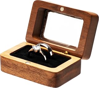 Black Walnut Wooden Double Ring Bearer Box for Engagement Wedding Ceremony,Solid Wood Rectange Double Rings Box for Storage (Black Inner)