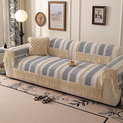 Miniatura 7 de VClife Funda de sofá bohemia de lino y algodón con borla, funda para sofá de 3 plazas, funda antideslizante para sofá para sala de estar, 35.4 x