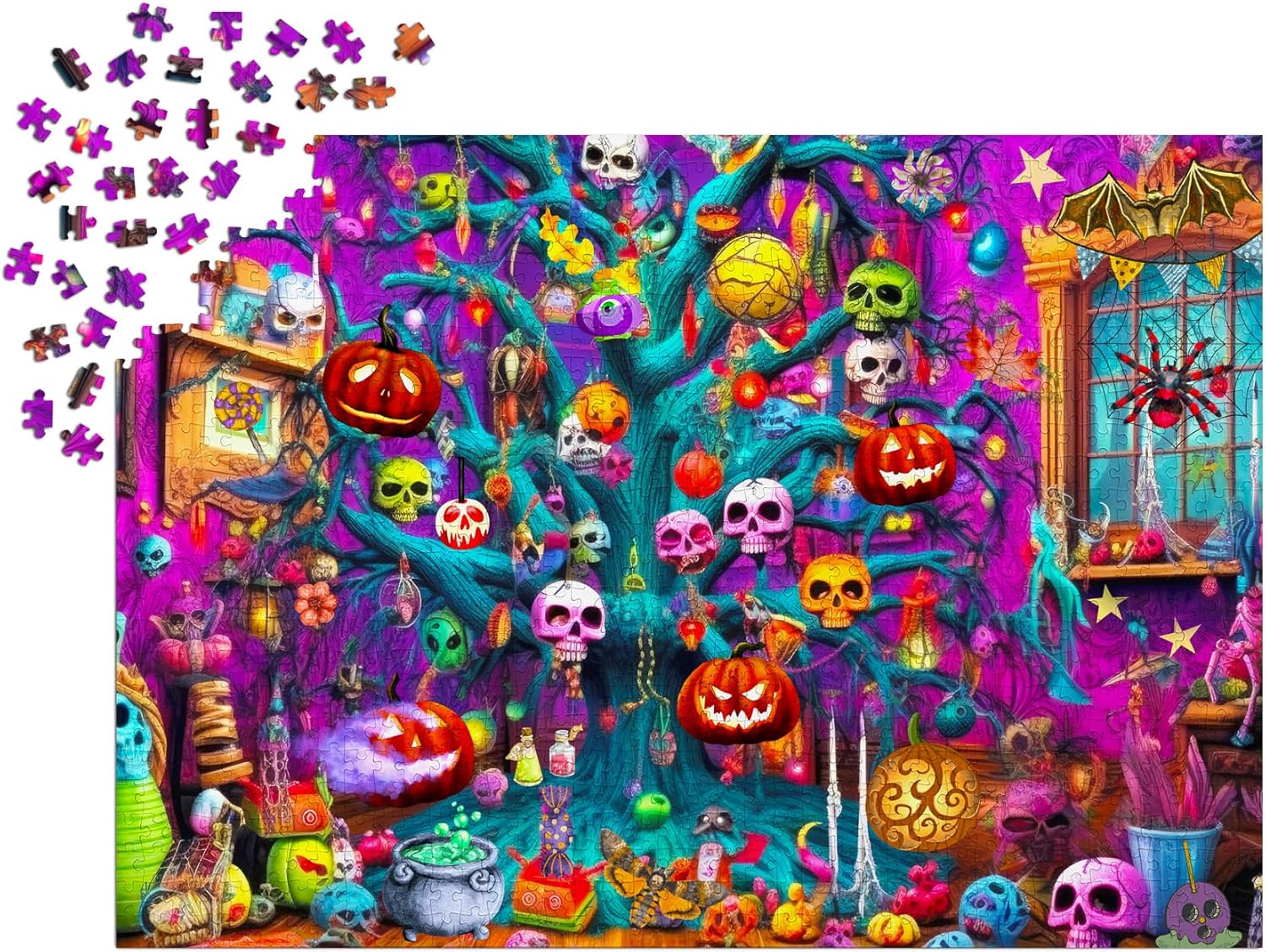 1000 Piece Jigsaw Puzzle for Adults - Colorful Halloween Haunted Tree Skulls Pumpkins Spooky Art, Matte Anti-Glare, Unique-Shape Pieces, Sturdy 2mm Board, 27x19 in Gift | Enjoy Complete-Set Guarantee