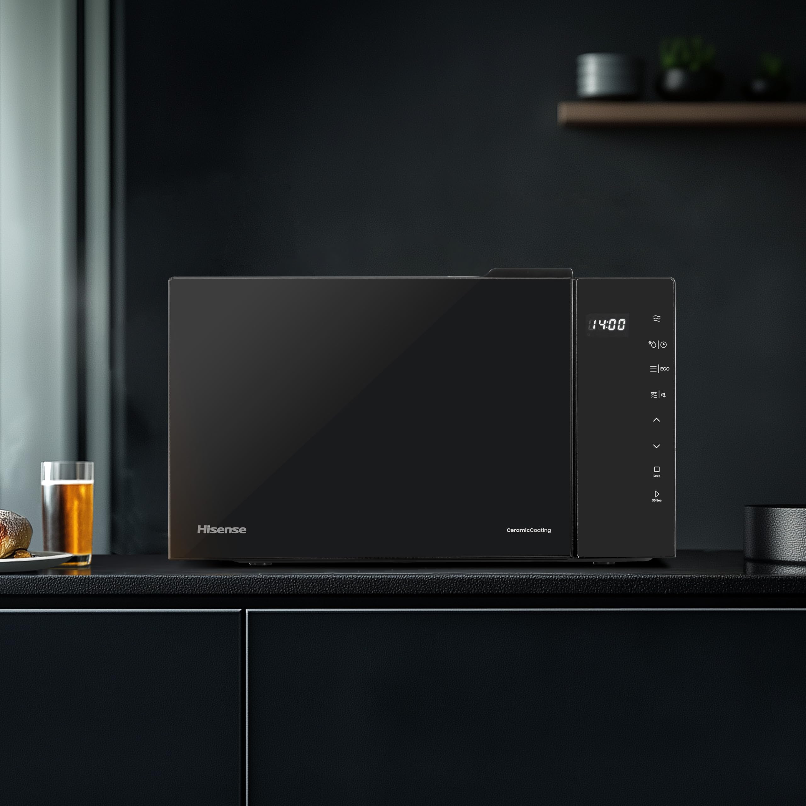 Hisense H23MOBS5HG4 - Microondas Digital con Grill 23 Litros, 1000W, Revestimiento Cerámico, Cristal Premium, Modo ECO, Descongelación programada, 10 Niveles de Potencia, Fácil Limpieza