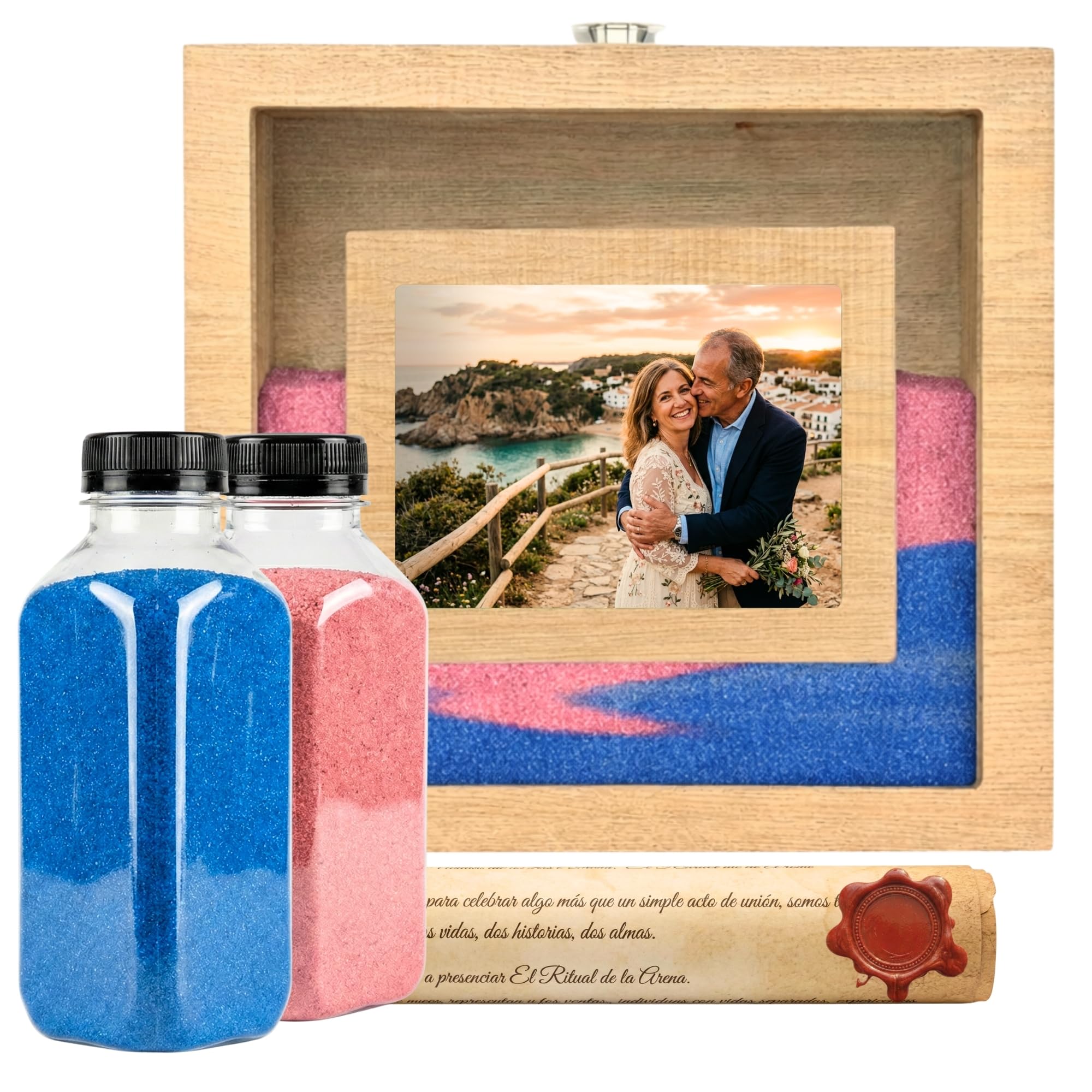 Rito della sabbia matrimonio - NIRALIS - cornice cerimonia rovere con metacrilato trasparente, foto 10x15, flaconi blu e rosa da 800 g, foglio unione di due anime e ricordo nuziale - 26x24x5 cm