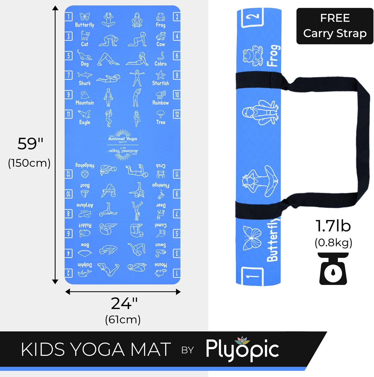 Plyopic Kids Yoga Mat - Non-Slip Lightweight TPE Exercise Mat - Ideal for Boys & Girls (Ages 3-12), Toddlers & Children in Kindergarten, Preschool, School. PVC Free. 6mm Thick. Carry Strap