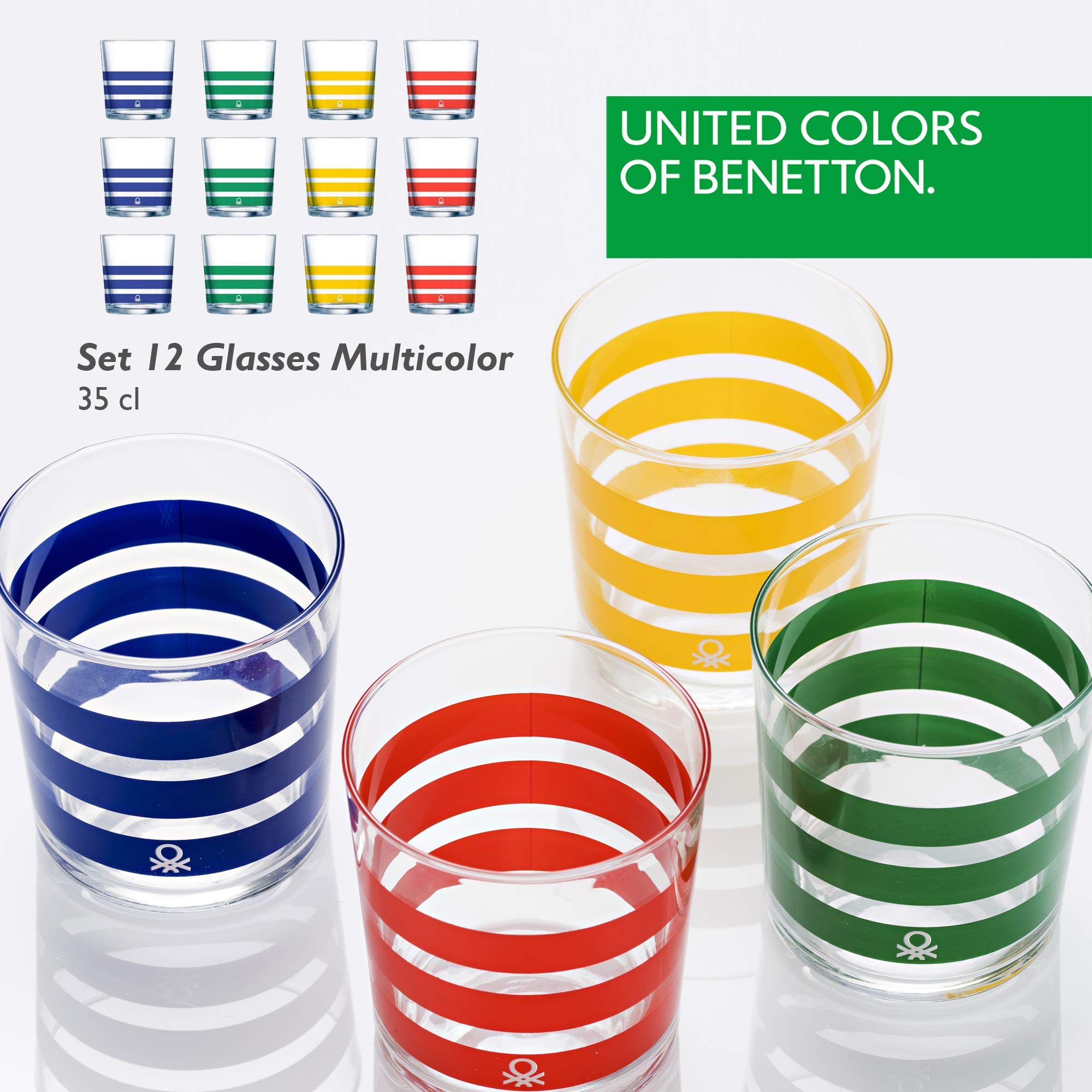 United Colors of Benetton PK2002 Glaswaren-Set, 12 Stück, dekoriert, 33 cl, Glas, gestreift, mehrfarbig