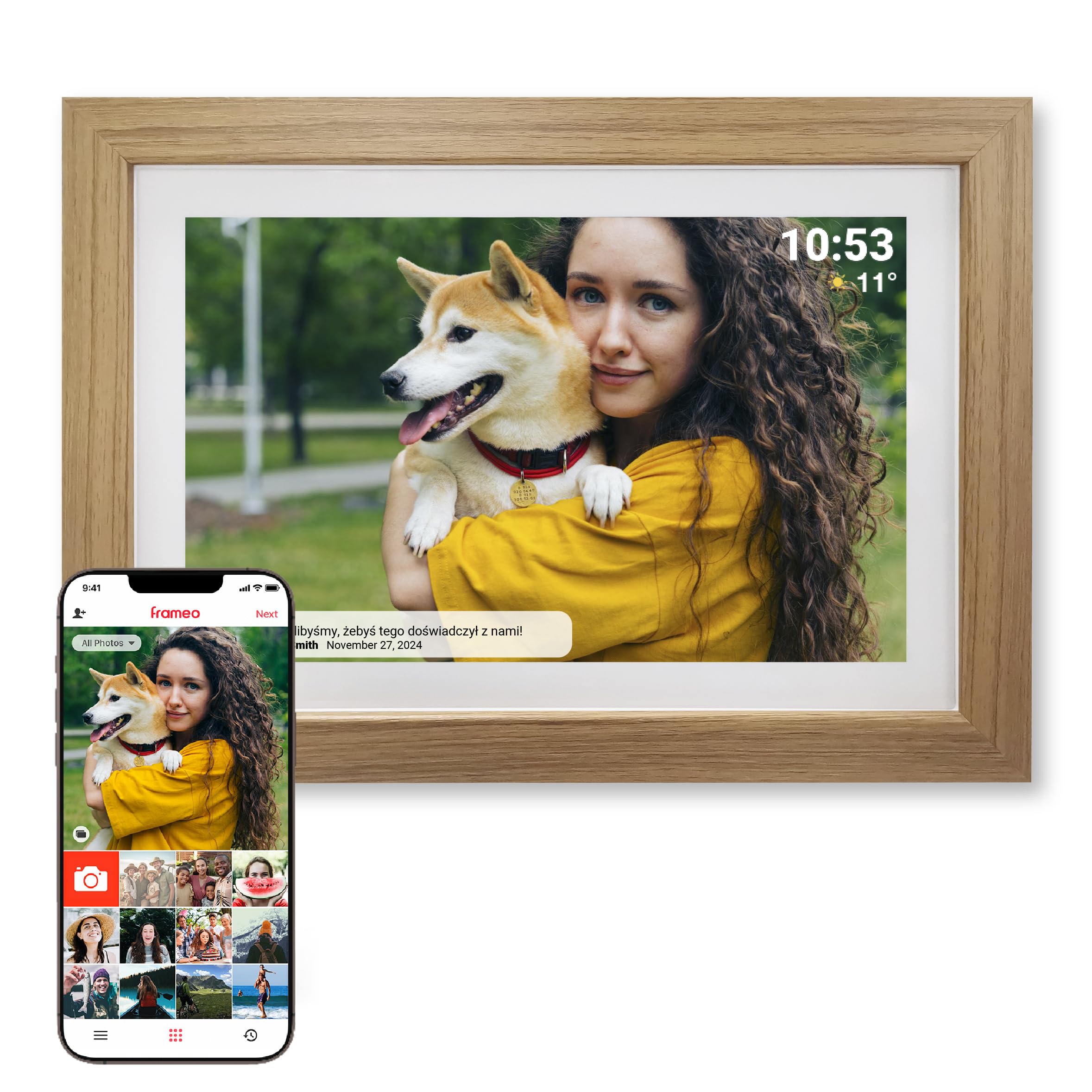 Cornice Digitale 15 Pollici Wifi - Schermo Ips Full Hd 1920X1080 - Portafoto Digitale Frameo Denver Per Foto E Video - Cornice Elettronica Touchscreen Smart - 16GB Memoria - Legno Chiaro-image