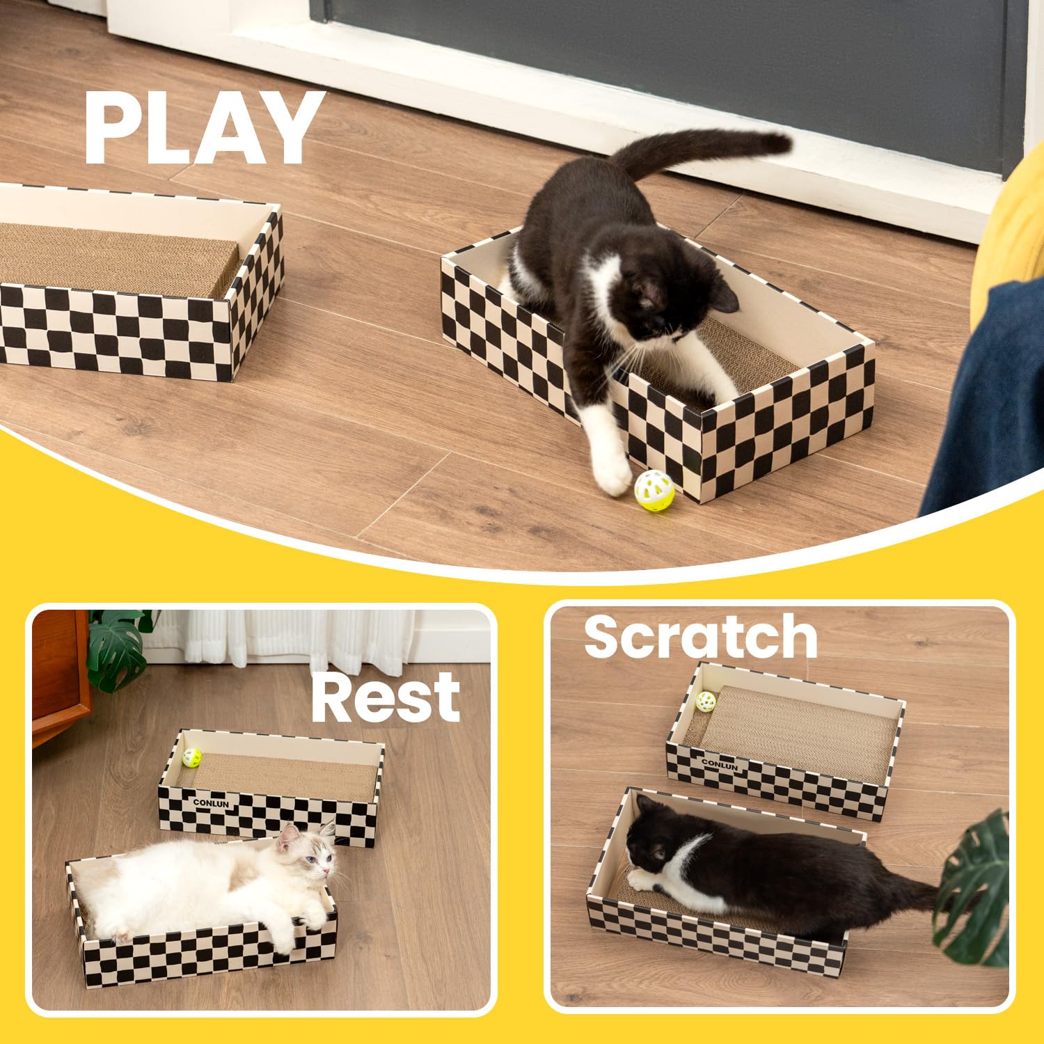 Conlun Cat Scratcher Box with 4 Scratching Board&2 Separate Cardboard Boxes&1 Ball - Image 2