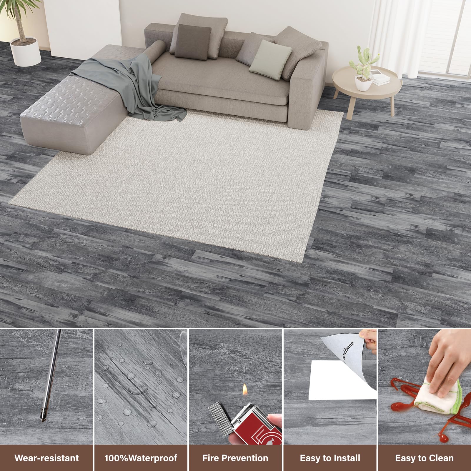 PVC Bodenbelag Selbstklebende Vinylboden Selbstklebend 5,02 m²/36 Stück 91,5 x 15,2cm -Dicke 1.5 mm für Küche Bad Wohnzimmer，Graue Holzkorn