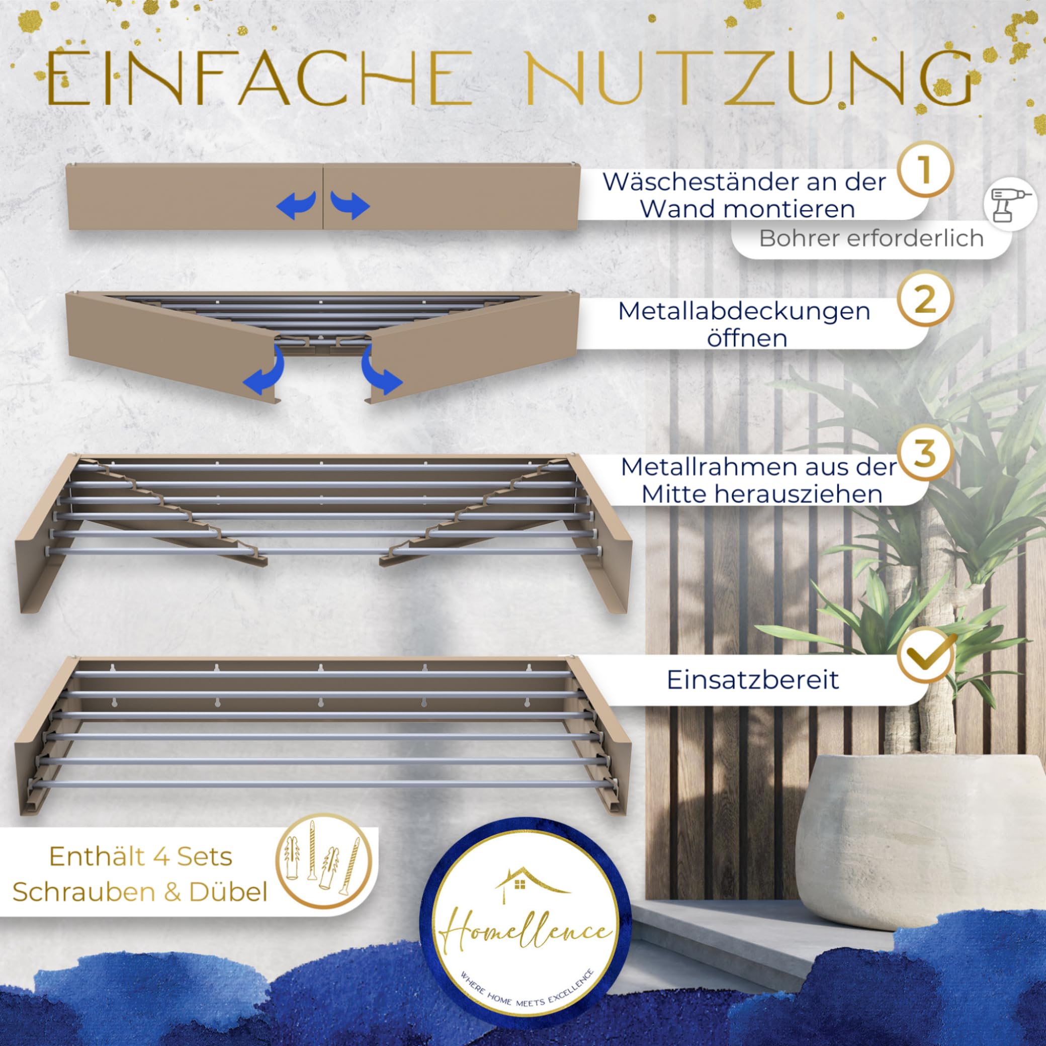 Homellence - Eleganter Wäscheständer Wand ausziehbar - Wandwäschetrockner ausziehbar platzsparend - Robuster Wäschetrockner Wand - Wäscheständer Wandmontage mit 6m Trockenlänge (100 cm, Cappuccino)