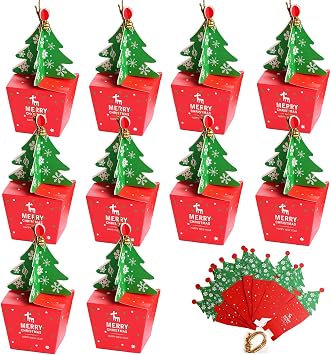 DERAYEE 3D Mini Christmas Treat Gift Boxes, 10 Pcs Party Favors Candy Goody Boxes, Christmas Tree Shape with Bells
