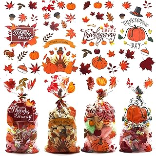 Sizkii 100Pcs Thanksgiving Day Treat Bags - 4.9 X 10.8inches, Gift Candy Bags Party Favor Supplies Cellophane Bags Goodie Bags Cookies Popcorns Chocolate Packaging Bags with Twist Ties (Thanksgiving Day)