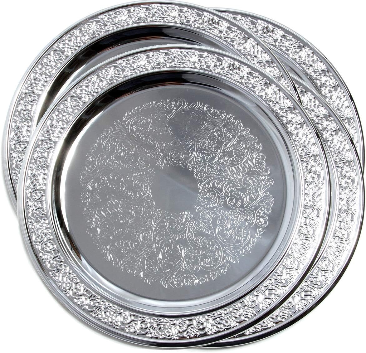 (Pack of 4) Elegant Floral Engraved Serving Tray Chrome Plated Steel Plate Platter Decor Wedding Birthday Party Shiny Mirror Silver Color (Round Gold 11")