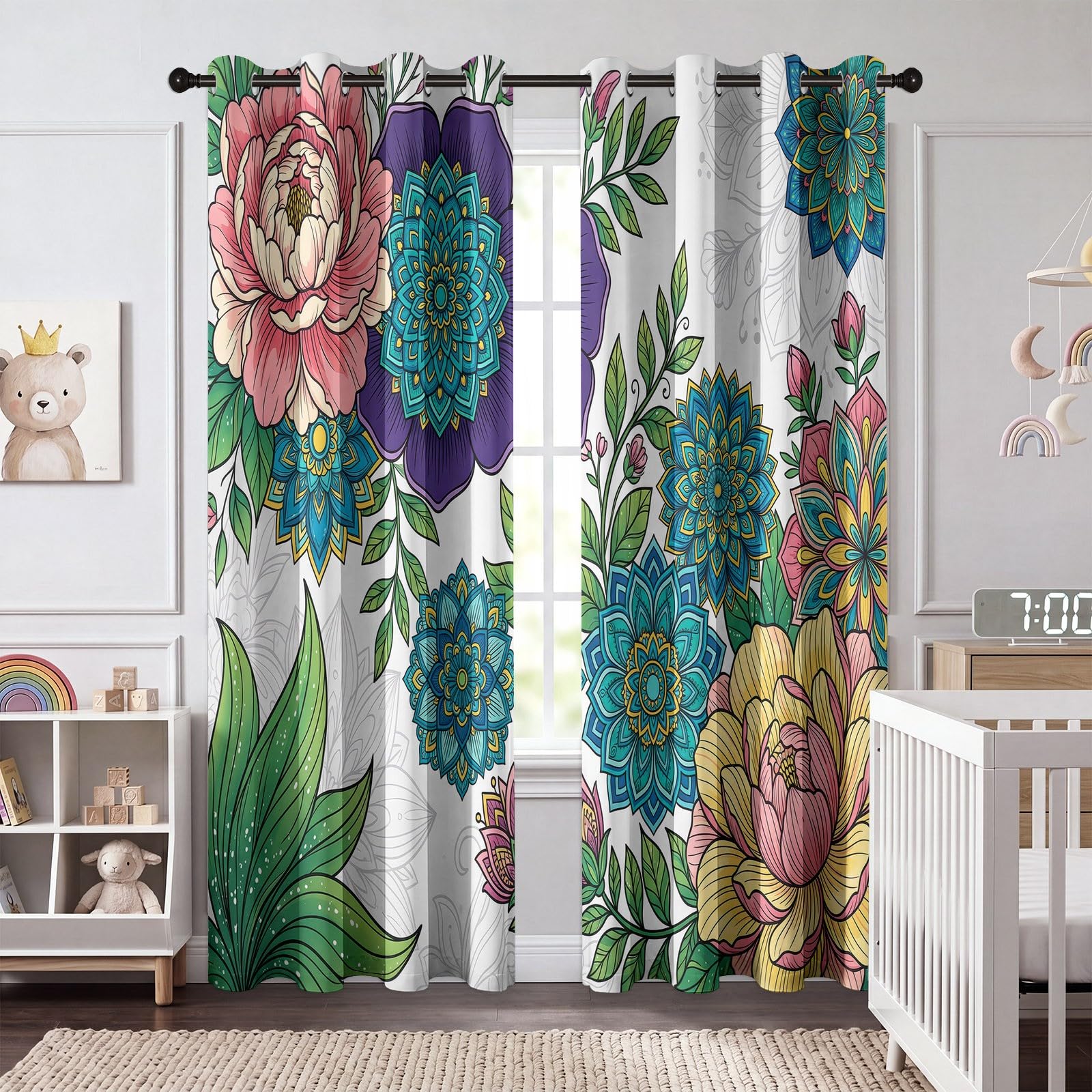 Generisch Modern Boho Verdunkelungsvorhänge Schlafzimmer 2er Set, Mandala Blumen Grüne Blätter Blickdicht Bedruckte Ösen Gardinen, Thermo Vorhänge für Schlafzimmer Kinderzimmer, H 245 x B 100 cm