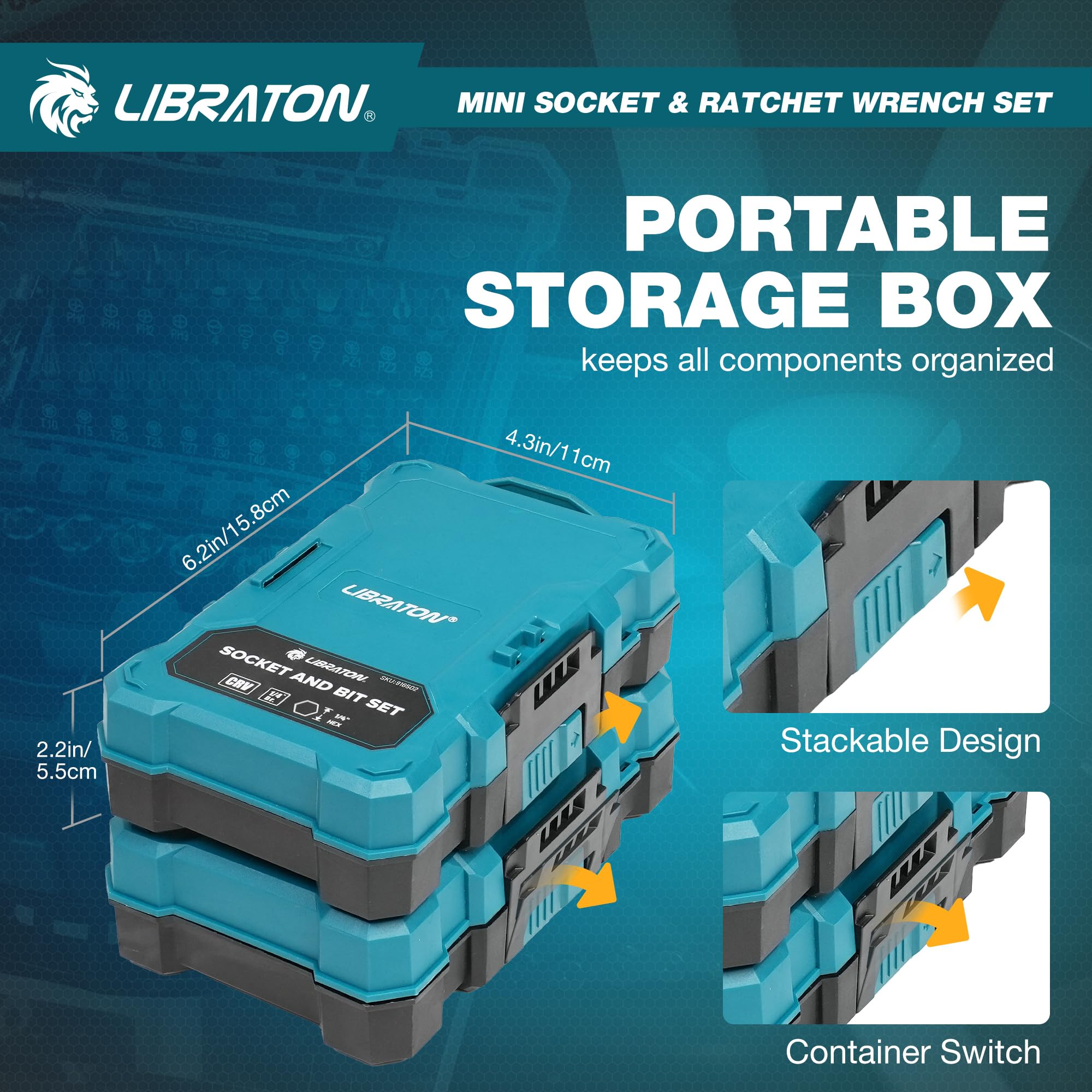 LIBRATON Ensemble de cliquet et de douilles mini 37 pièces avec entraînement de 10,2 mm, embouts de 4–13 mm, manche magnétique, barres d’extension et joint universel, avec étui de rangement pour