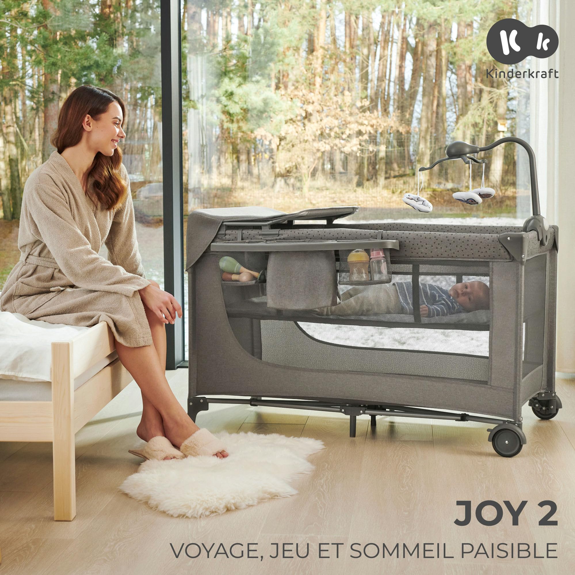 Kinderkraft Joy 2 ACC Lit Parapluie 2 en 1, Lit bébé de la Naissance Jusqu’à 15 kg, 120 x 60 cm, Facile à Plier, Carrousel avec Jouets, Étagères pour Les Couches, Sac de Transport Inclus, Gris