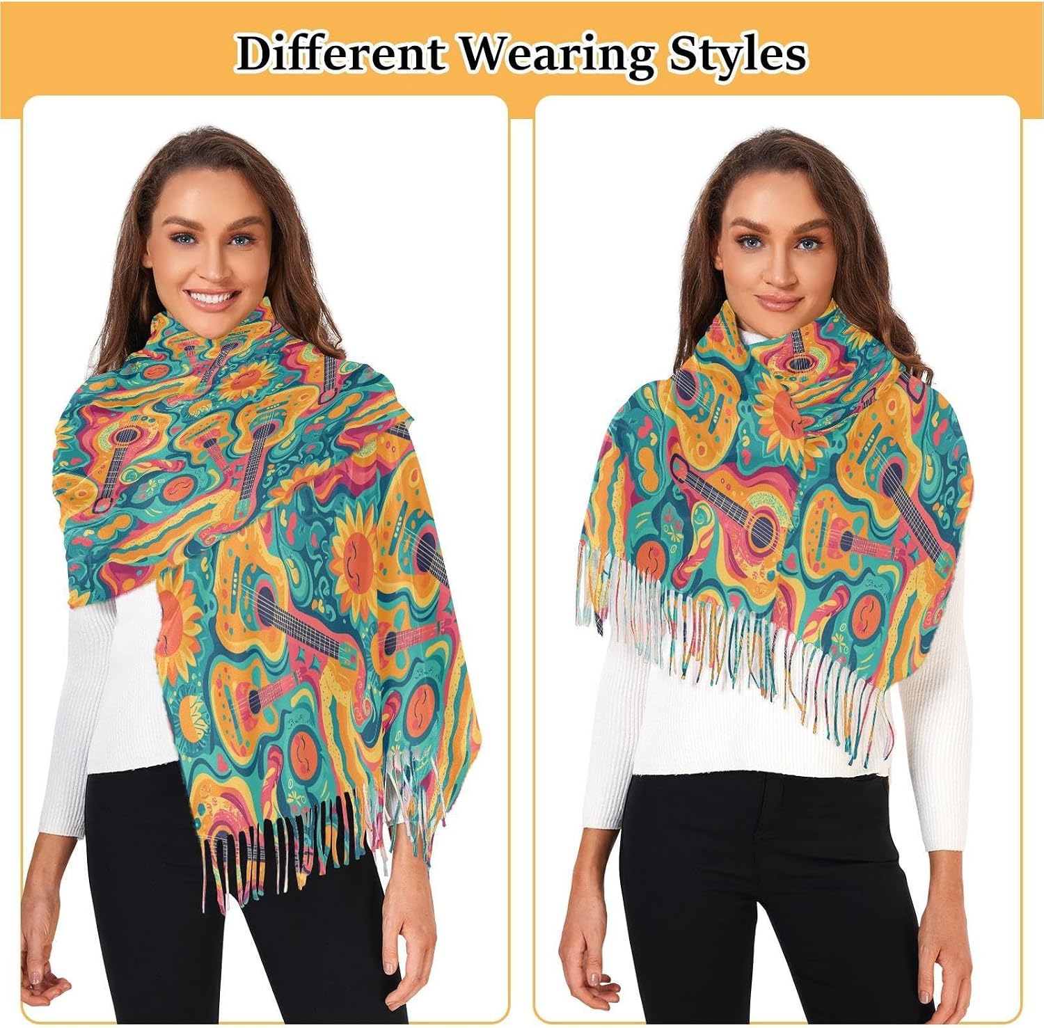 Winter Scarf for Women Ethnic Art Guitar Fashion Tassel Shawl Wraps for Women, Cold Weather Warm Womens Scarves Soft Long Scarf Gifts