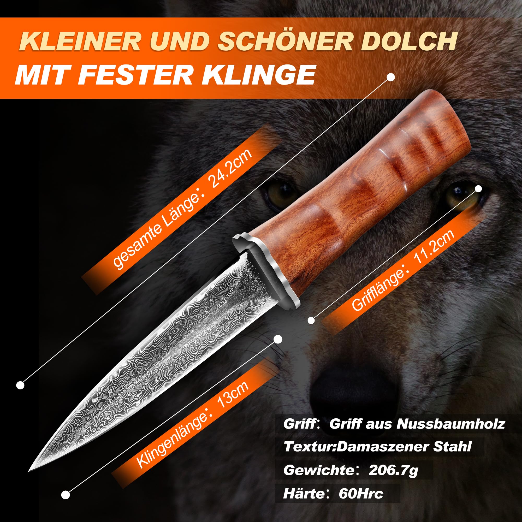 TIVOLI Damaszener Jagdmesser,Damaszener Stahl Adventure Outdoor Survival Messer, Zweischneidiges Dolchmesser, Geeignet für die Jagd, Dschungel Abenteuer, Camping, Senden Exquisite Geschenk-Box