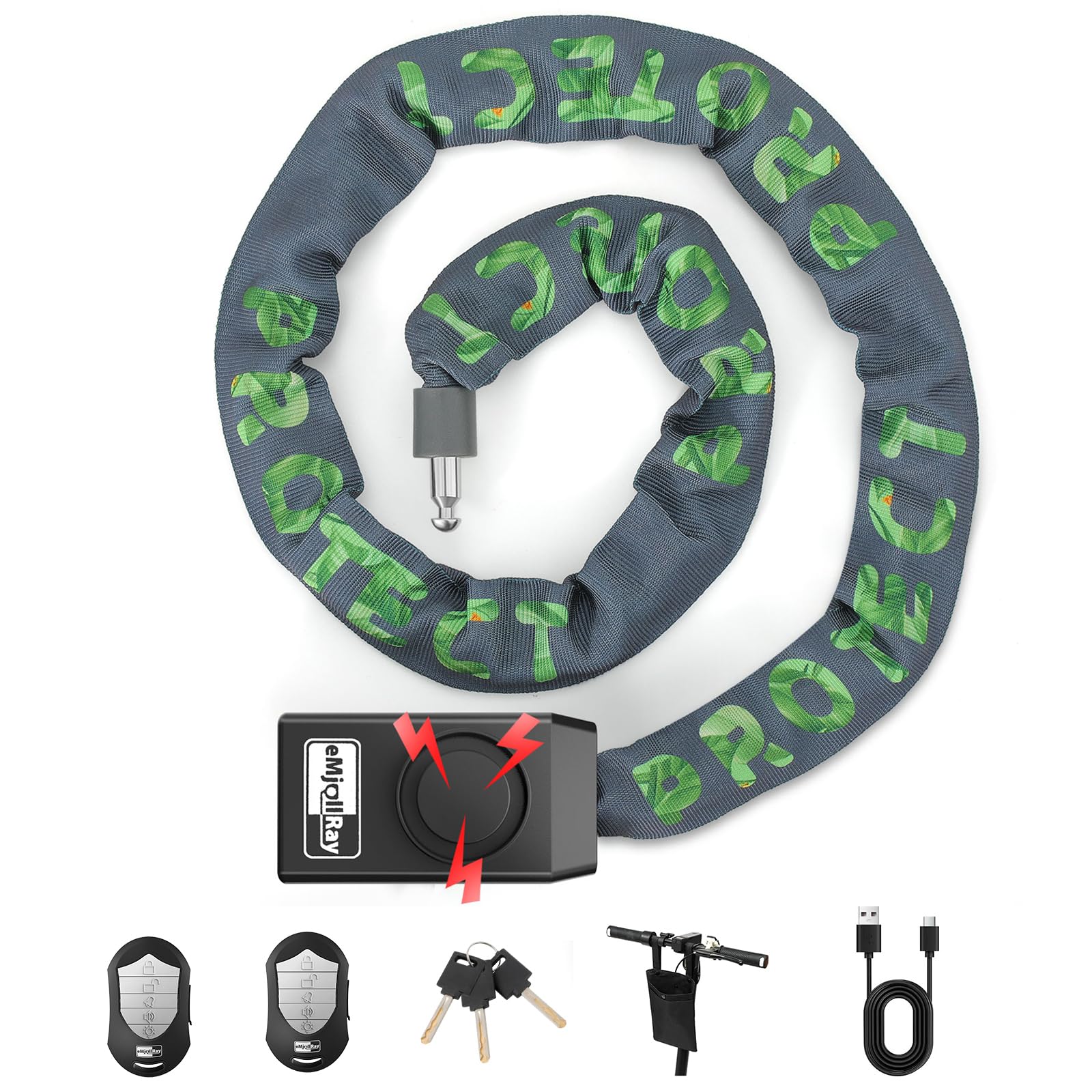 Candado de Bicicleta de 120cm con Alarma de 110dB, Candado de Cadena Antirrobo para Bicicleta Eléctrica, 8mm de Grosor, 2 Mandos a Distancia, 3 Llaves, Cable USB C