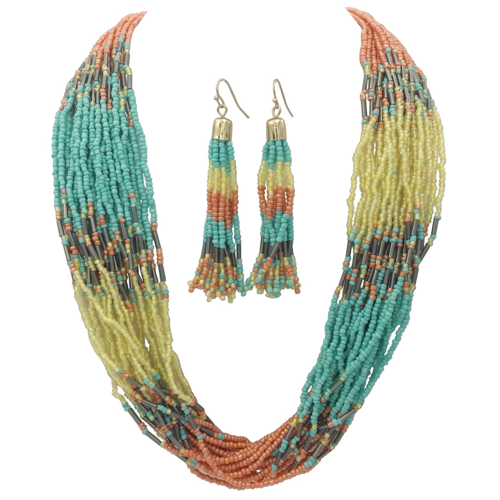 Gypsy Jewels Multi Row Layered Seed Bead Statement Necklace and Dangle Earring Set