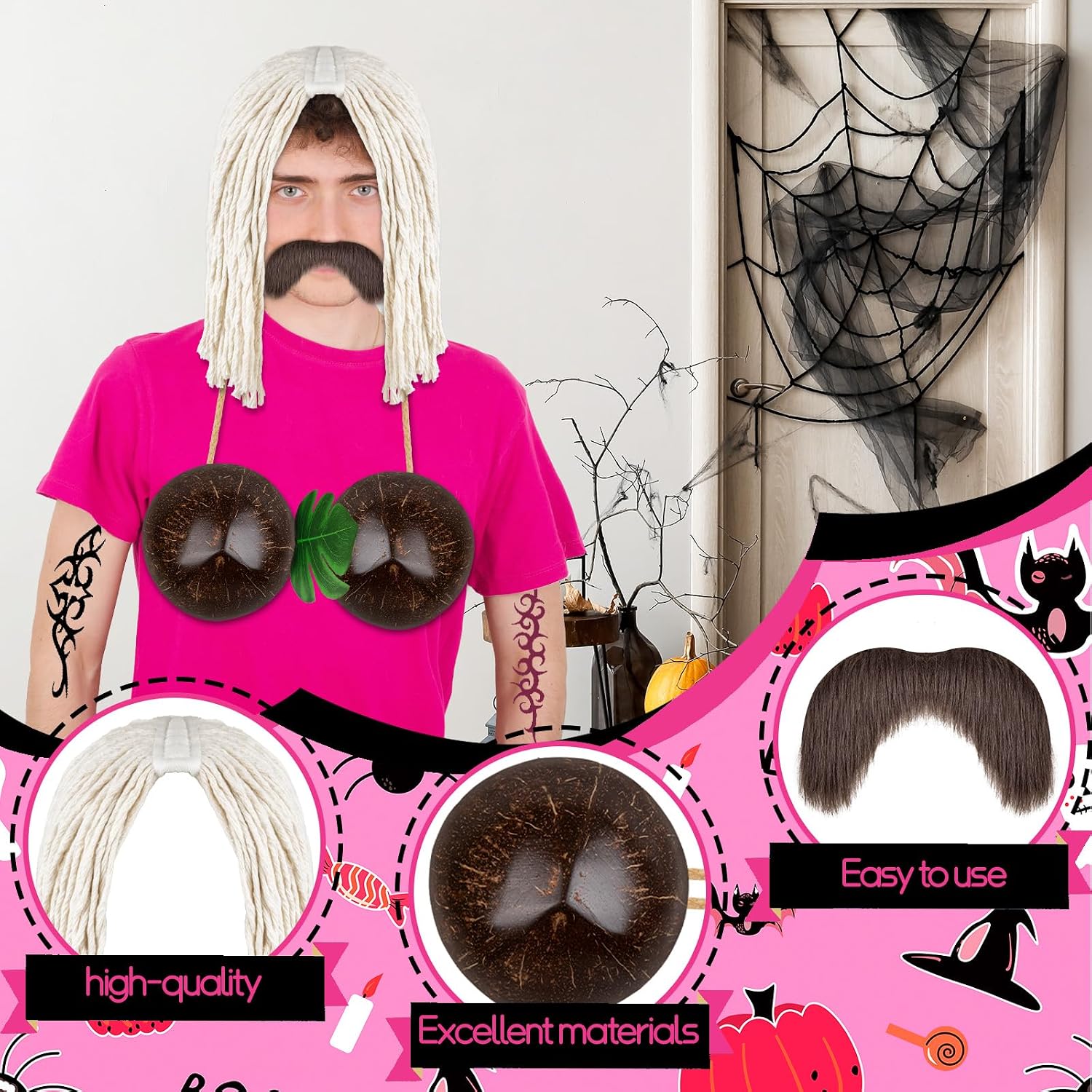 6 Pcs Halloween Costume Accessories Mophead Wig Coconut Bikini Top Adults image 4