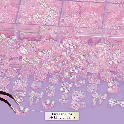 Miniatura 10 de 150 dijes de uñas 3D con diseño de mariposa, arco, estrella, corazón, oso, joyas brillantes con flores 3D y perlas planas, más de 400 bonitos dijes