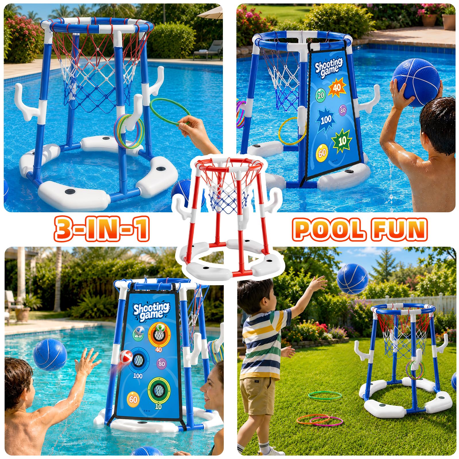 Canasta de baloncesto para piscina 3 en 1 al aire libre, canasta de baloncesto flotante, juguete para piscina con 4 pelotas de baloncesto, 12 bolas de lanzamiento, 12 anillos, juguete de piscina para