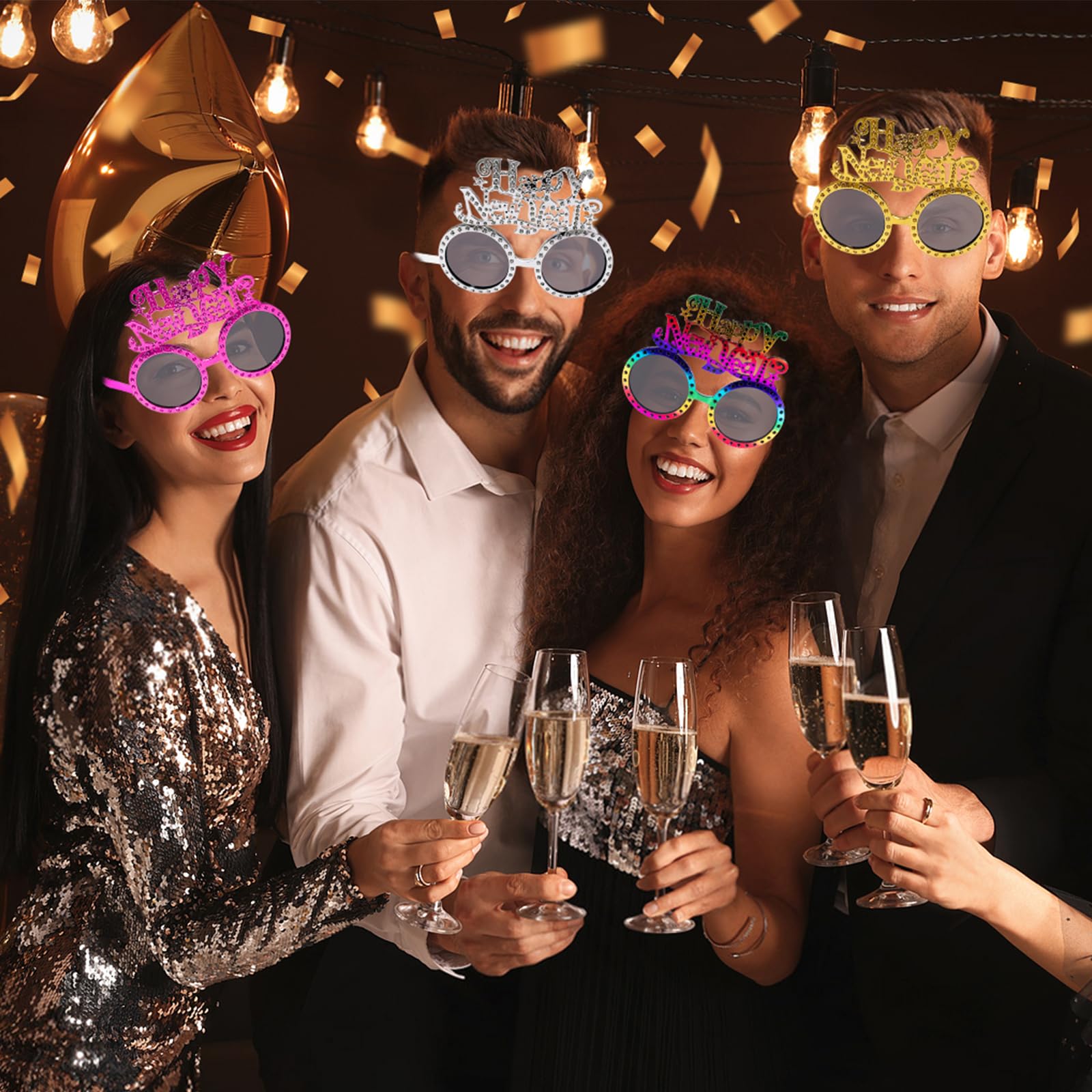 16 piezas de suministros para fiestas de Año Nuevo 2026, incluyendo lentes de feliz año nuevo y fabricantes de ruido con flecos metálicos 2026, gafas de sol divertidas de plástico para Año Nuevo