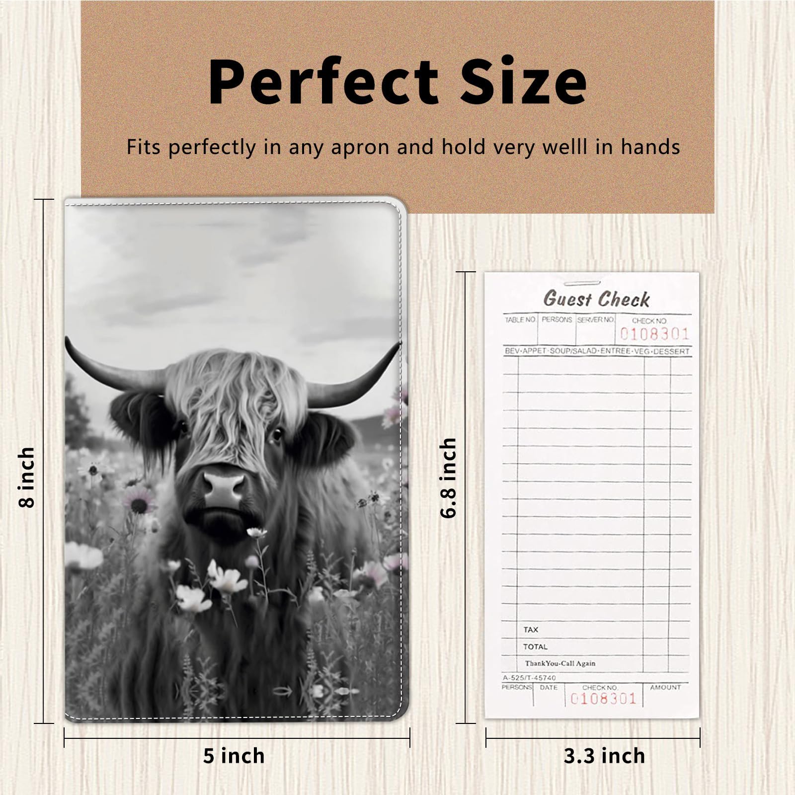 Server Book for Waitress, Cute Serving Books with Zipper Pocket, Leather Server Check Book Ticket Book Holder, Restaurant Waitress Accessories Server Booklet Organizer,Highland Cow Ox Cattle