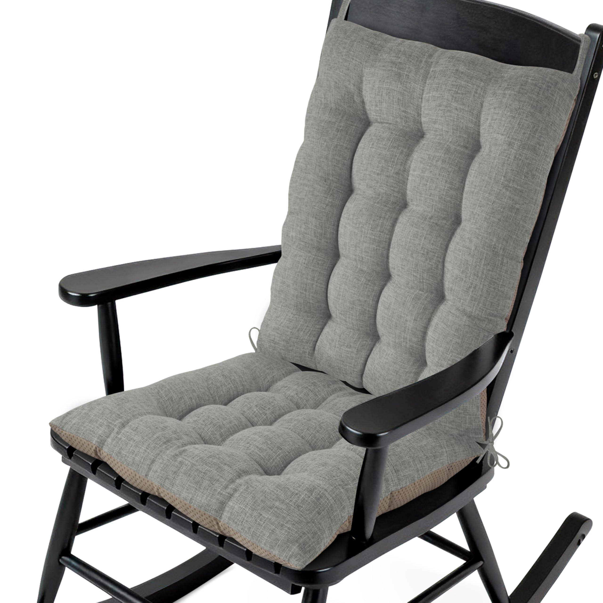 AddGrace Non-Slip Rocking Chair Cushion Extra Large Linen Thick Chair Pads Durable High Back Seat Cushions with Ties Set of 2 Light Grey