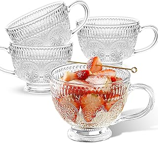 4PCS Vintage Glass Coffee Tea Mugs, 13.5 oz Embossed Clear Glass Tea Set with Handle, Drinking Glassware for Latte, Cappuc...