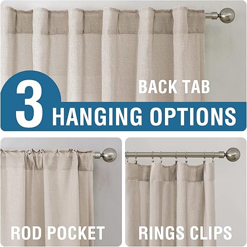 Miniatura 3 de H.VERSAILTEX Cortinas de lino natural de 63 pulgadas de largo para sala de estar, 2 paneles con trabillas traseras y bolsillo, texturizadas,