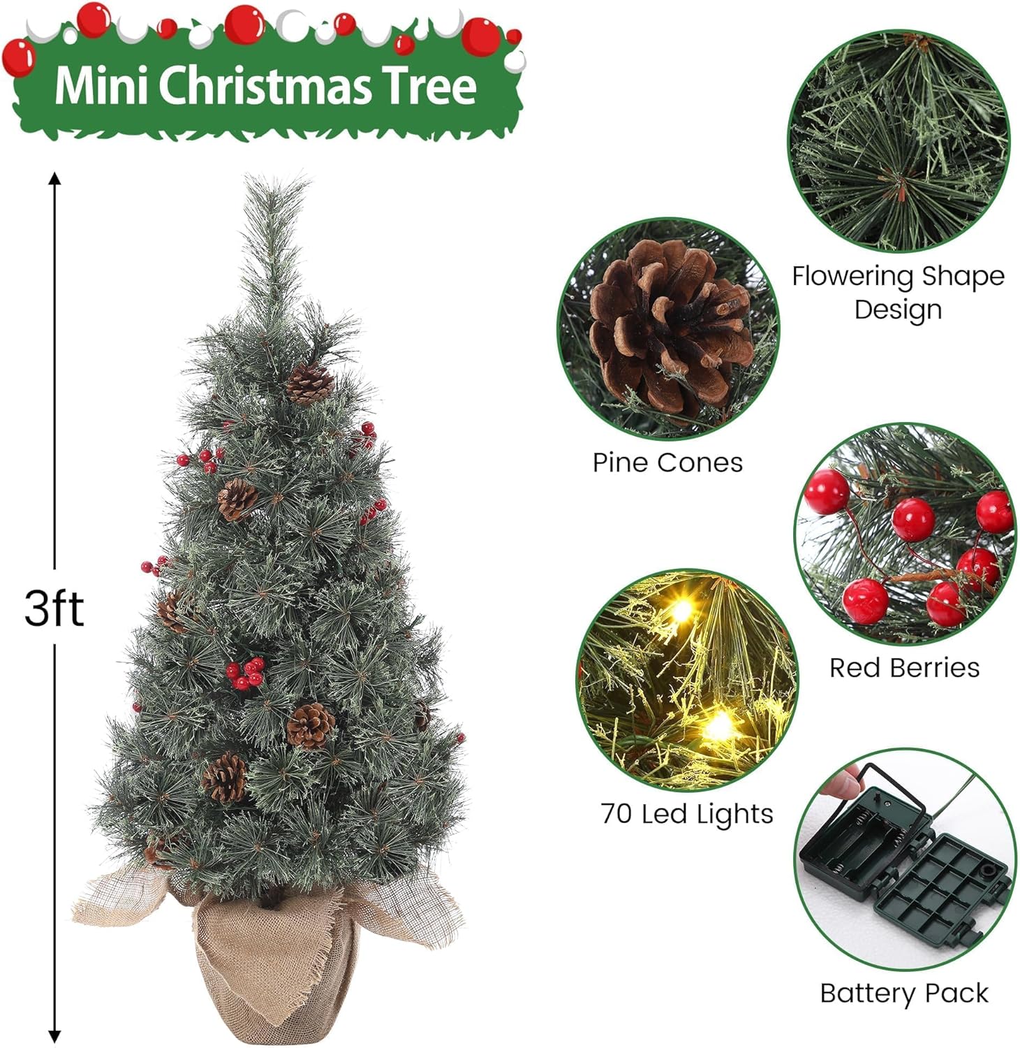 3 FT Tabletop Artificial Christmas Tree with Lights - Decorative Holiday Outdoor Potted Christmas Tree with Pine Cones and Red Berries,70 LED Lights,Hemp Bonsai Base,Battery Powered