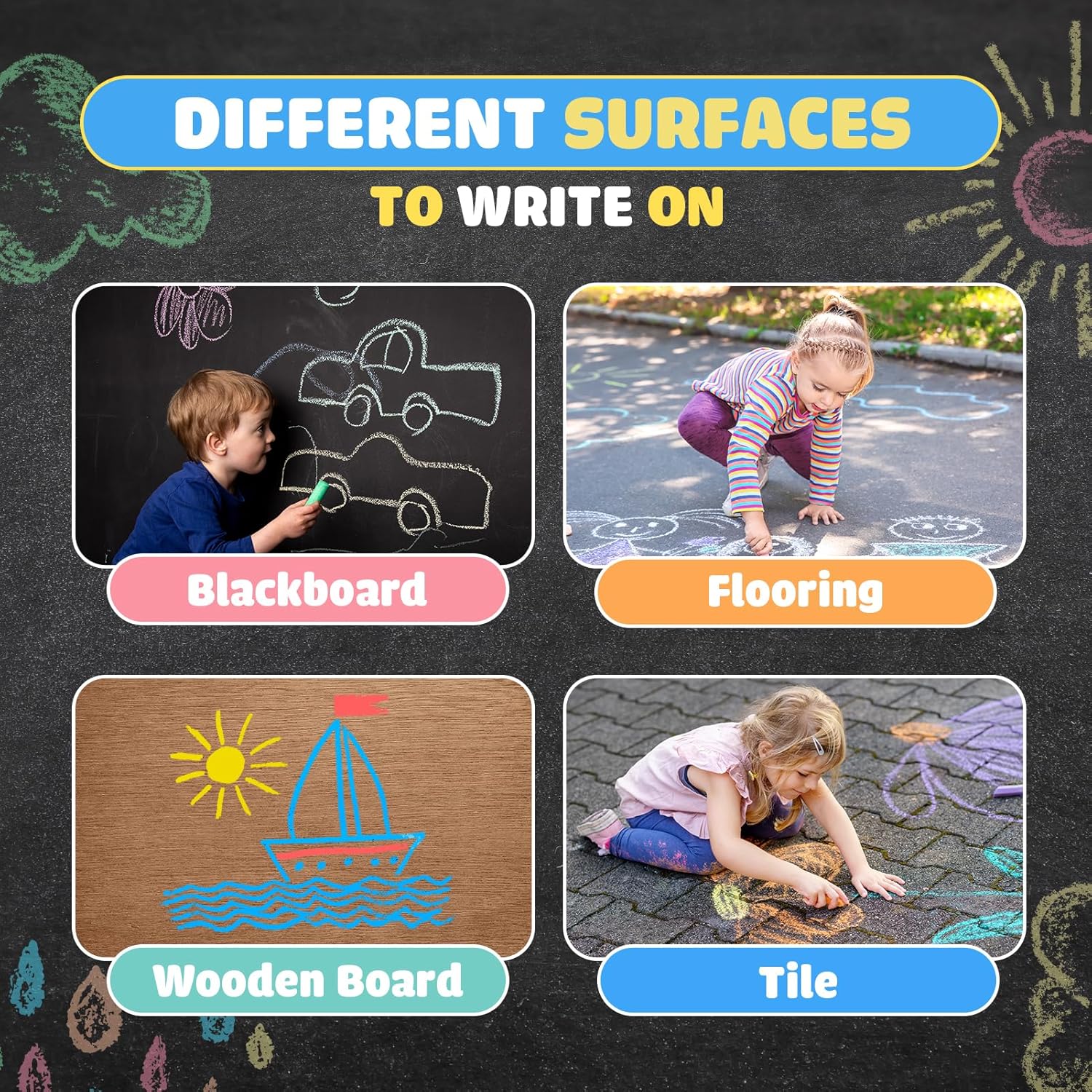 240PCS Washable Sidewalk Chalks Kids: 48 Packs in 5 Colors Sidewalk Chalk, Jumbo Chalk Set, Non-Toxic Dustless Colored Giant Box Chalkboard Chalk for Toddlers Outdoor Art, Classroom, Party Favors