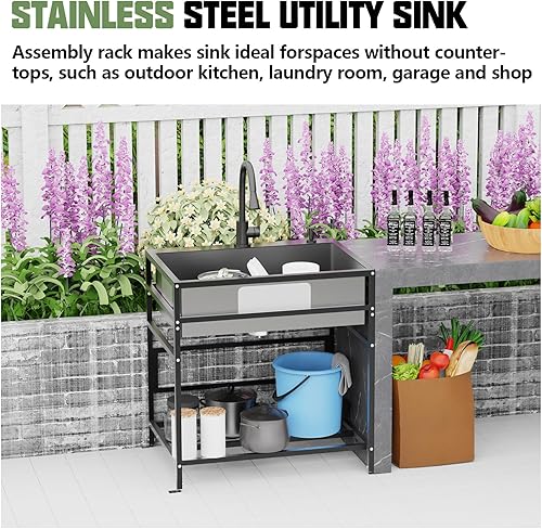 Vista 44 de Fregadero utilitario, fregadero independiente de acero inoxidable de 25 x 18 pulgadas, practicidad con accesorios: grifo de cocina, dispensador