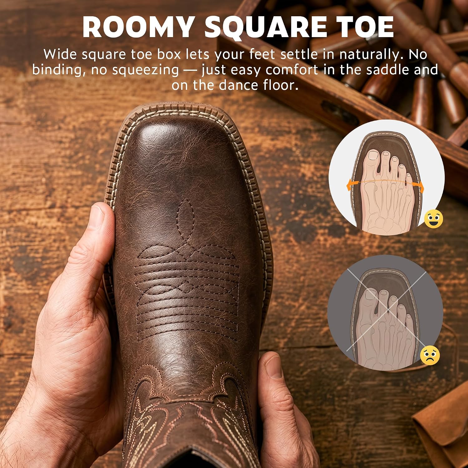 J's.o.l.e Mens Square Toe Cowboy Boots – Men's Western Boots, Pull On, Slip Resistant Wide Calf, Breathable Perforated or Embroidered for Daily Ranch, Country & Casual Wear
