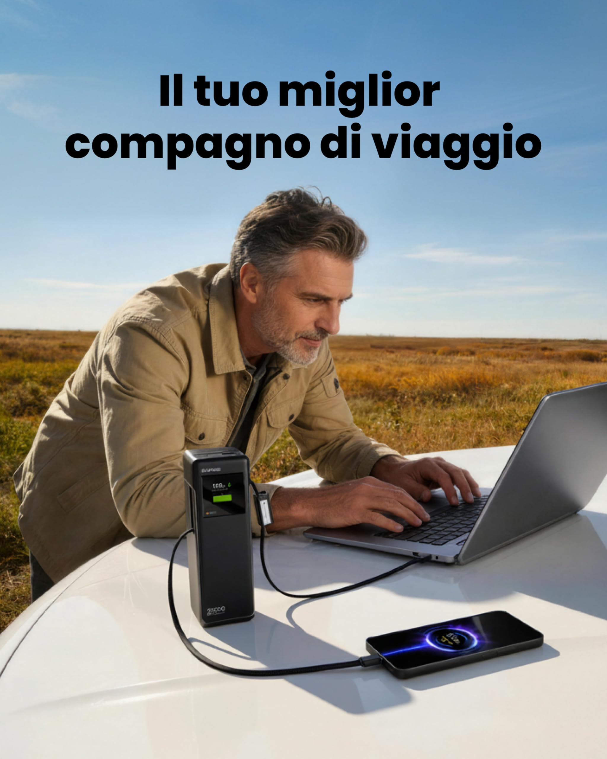 sharge Power Bank Portatile 170W, HyperTower 170 Caricatore Rapido 25000mAh con Cavi Integrati Retrattili, Display TFT Smart, 4 Porte USB (WH-EU)