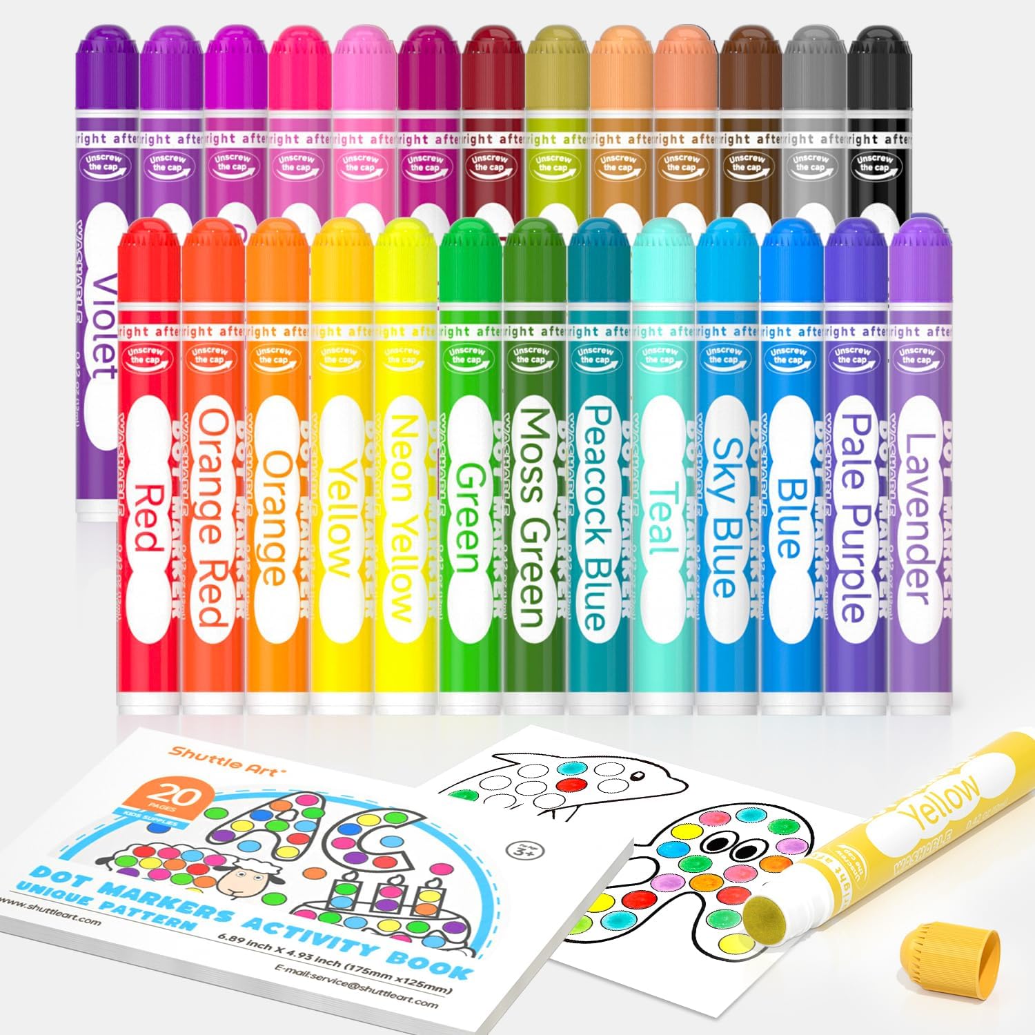 Shuttle Art Bingo Dabber Pens, 26 Colours Dot Markers for Toddlers with Activity Book, Washable Markers for Kids, Non-Toxic Water-Based Paint Pens for Children, Early Education Art Supplies