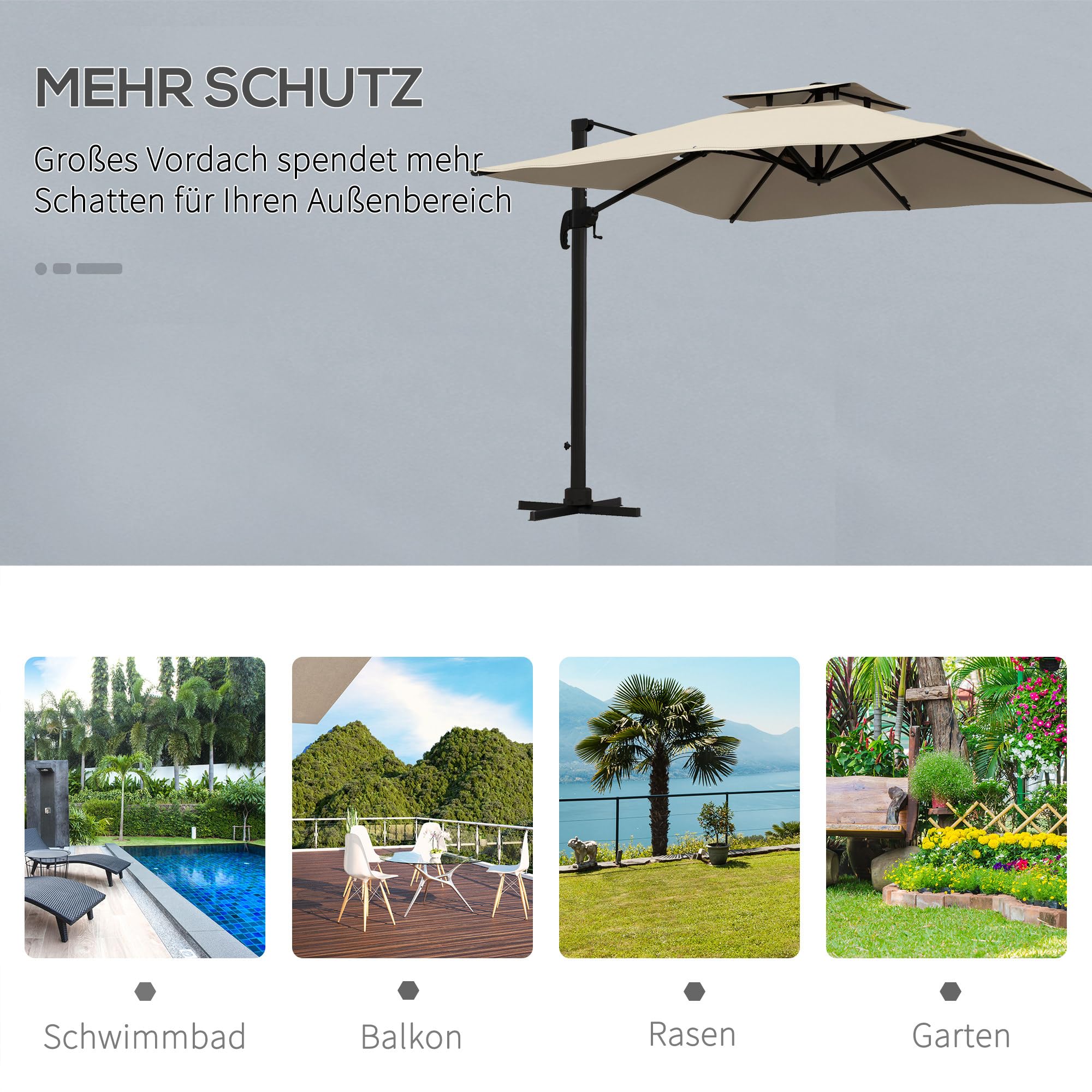 Outsunny Sonnenschirm ca. 3 x 3 m 360 Grad Schwenkbar Balkon Alu Khaki