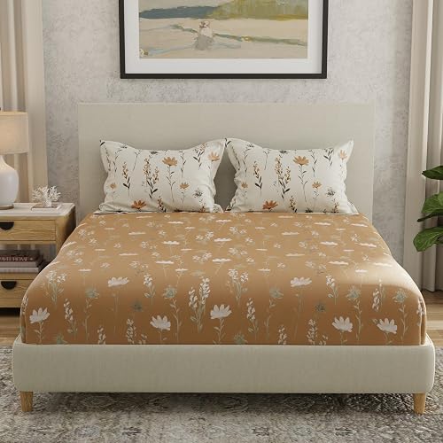 HUESLAND by Ahmedabad Cotton 144 TC Cotton Elastic Fitted Bedsheet King Size with 2 Pillow Covers | 72 x 78 inches