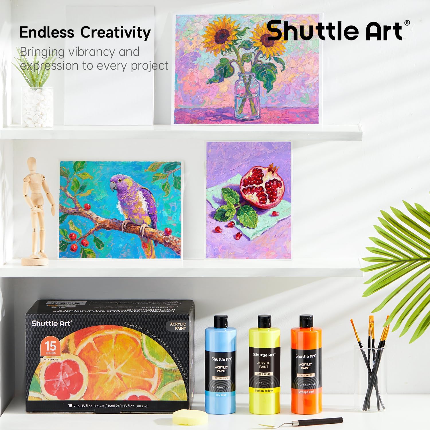 Shuttle Art Acrylic Paint, 15 Colors Acrylic Paint Large Bottle Set, 473ml/16oz Each, Rich Pigments, High Viscosity, Bulk for Artists, Beginners and Kids on Rocks Crafts Canvas Wood