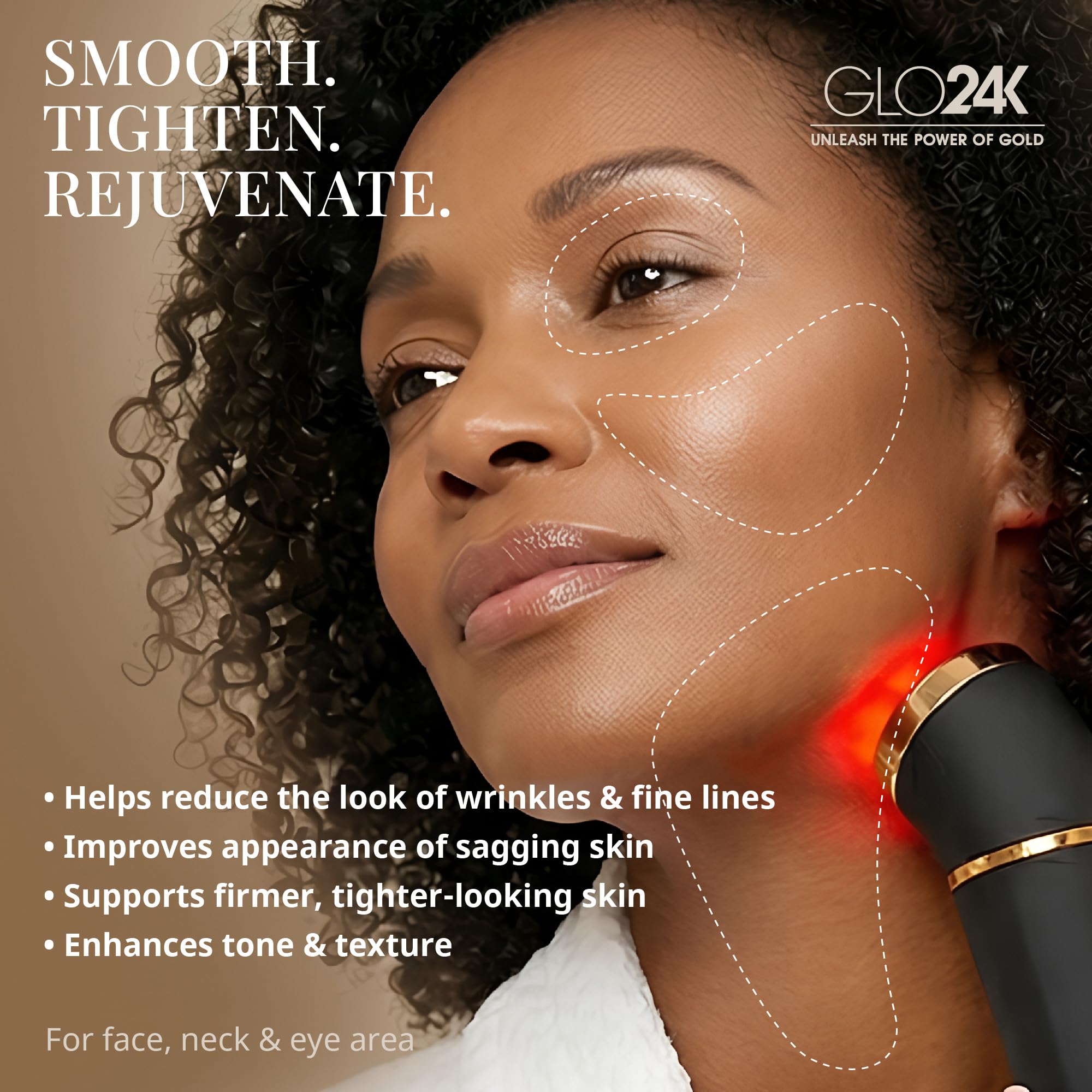 Dispositivo de belleza GLO24K para la cara. Basado en tecnologías de triple acción L E D, térmica y vibración.