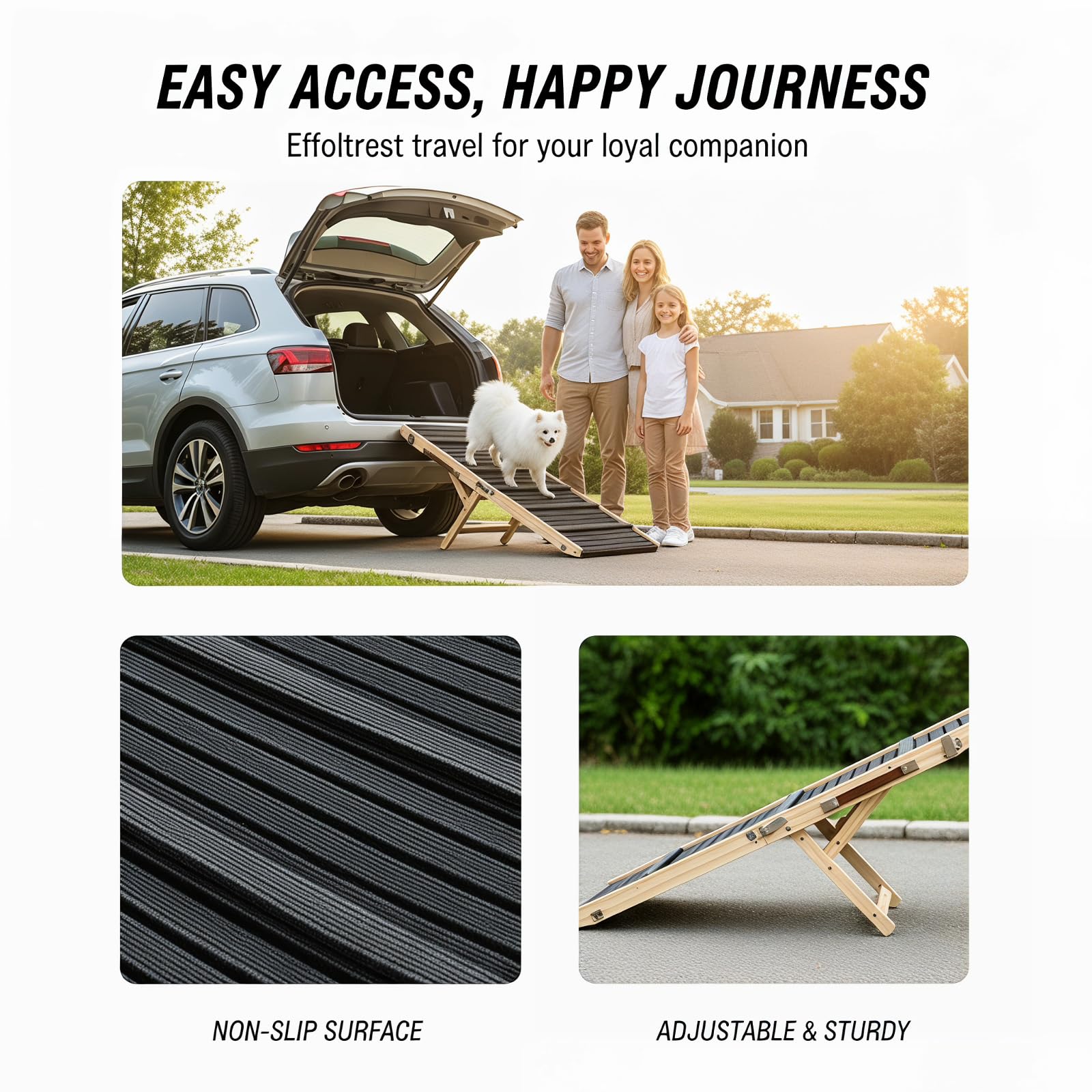 Hunderampe aus Holz, Hunderampe Auto Klappbar mit Nahtloser Verbindung zur Plattform, Klappbar Rampe für Kleine Hunde Katzen, Einstellbar Hunderampe für Sofa, Bett, Auto-bis zu 50kg (M)