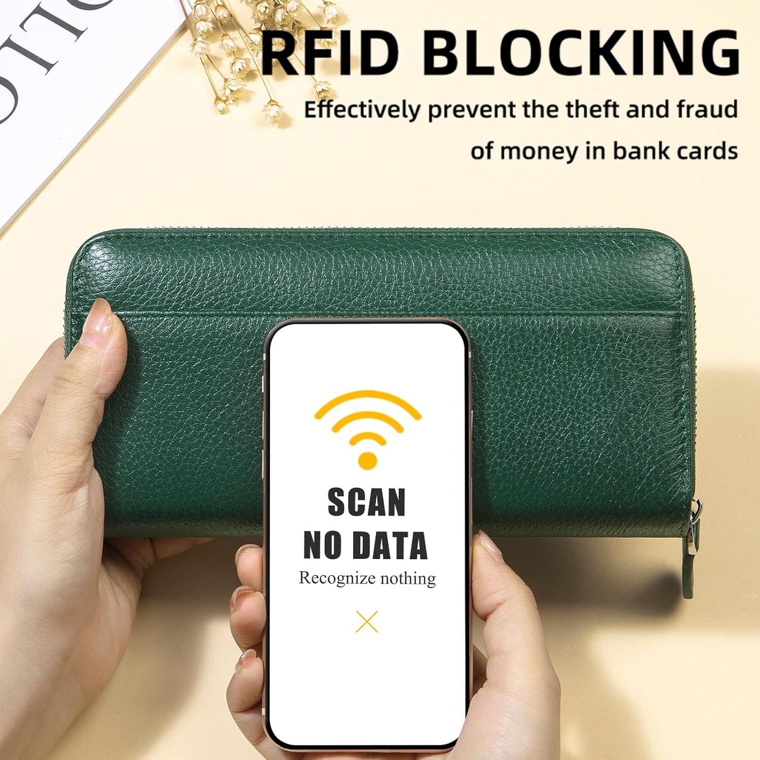 RFID Blocking Womens Zipper Wallet Leather Large Capacity Billfold Clutch Zip Around Wallets for Women - Image 3